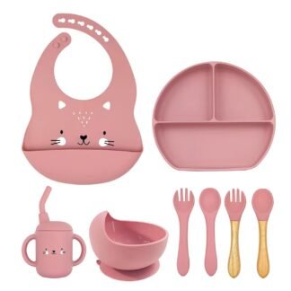 8-Piece Silicone Feeding Set for Babies & Toddlers -Animal Design - Blue- Crocodile Print